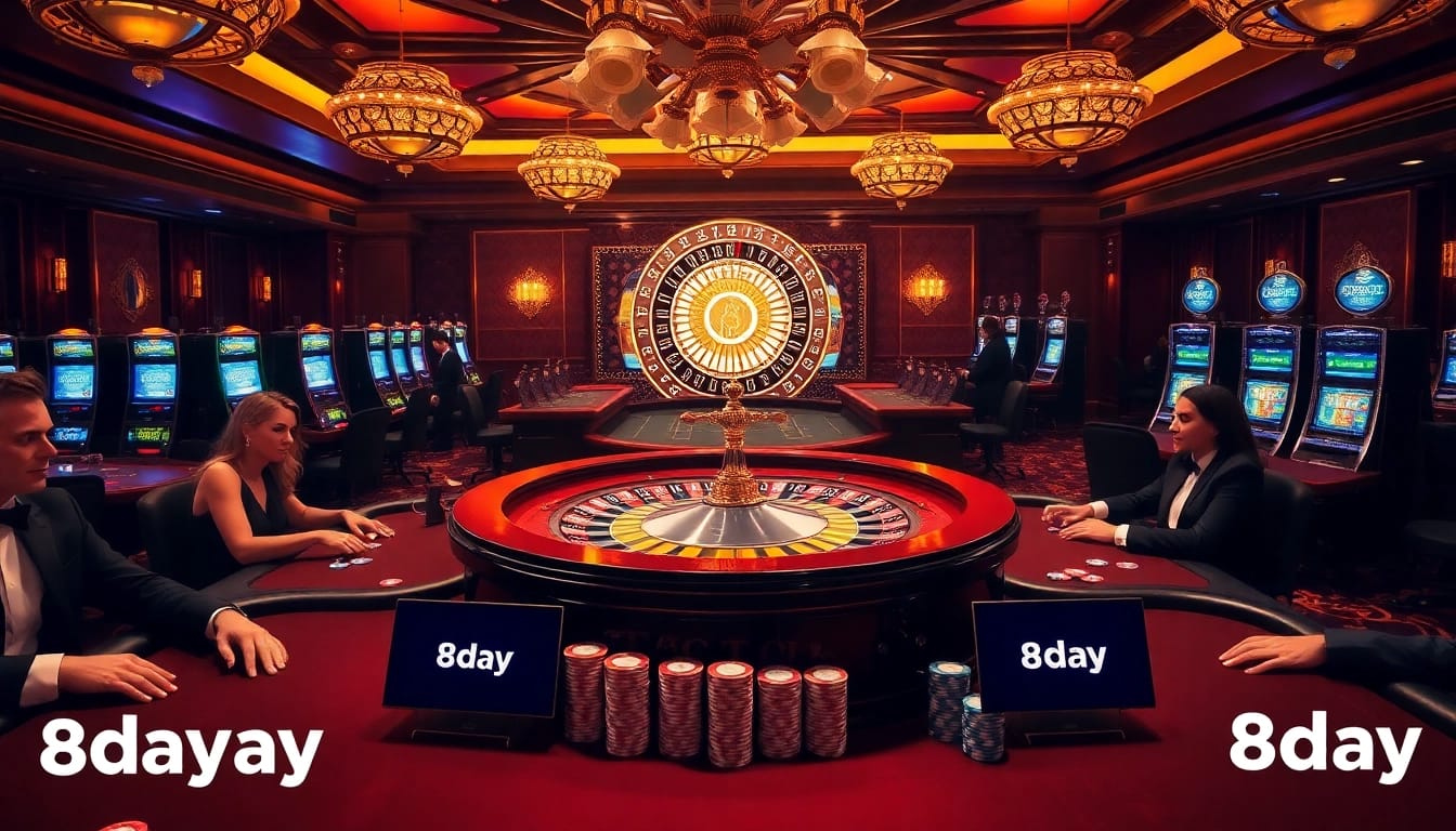 Experience the thrill of winning at 8day's luxurious casino with vibrant gaming tables and slot machines.