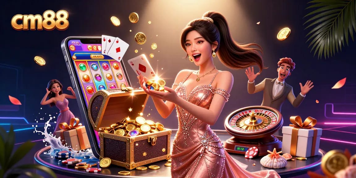 Experience the excitement of cm88 with dynamic gaming elements and a treasure chest of winnings.