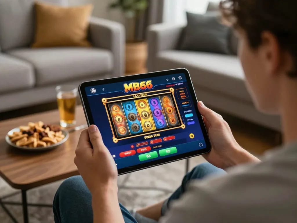 Player interacting with MB66 app for online slots in a cozy home setting.