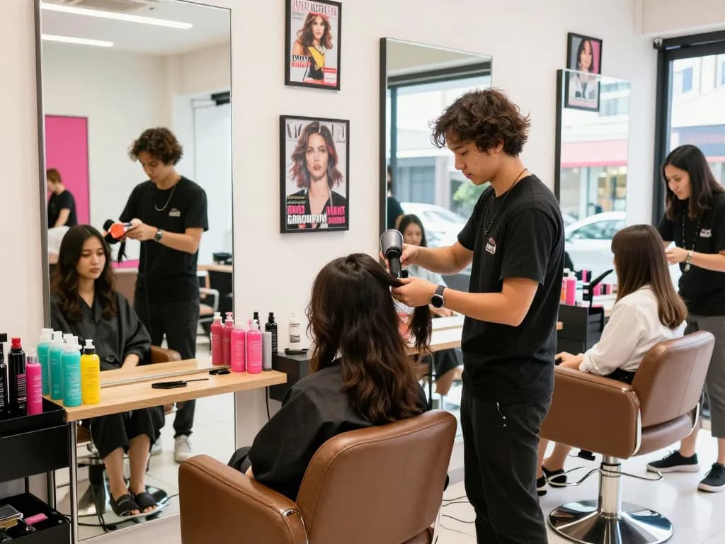 Stylists in a ladies hair salon Singapore creating trendy hairstyles in a vibrant atmosphere.