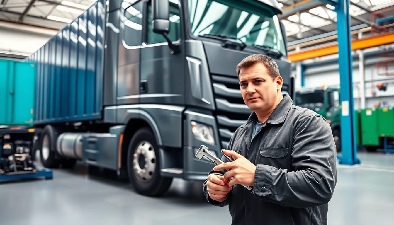 Lkw Gutachten Augsburg: Techniker prüft einen großen Lkw in einem professionellen Umfeld.