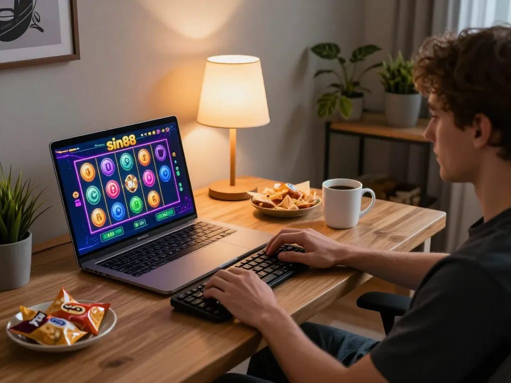 Engaging gameplay on sin88 slot game shown on laptop with cozy home setting