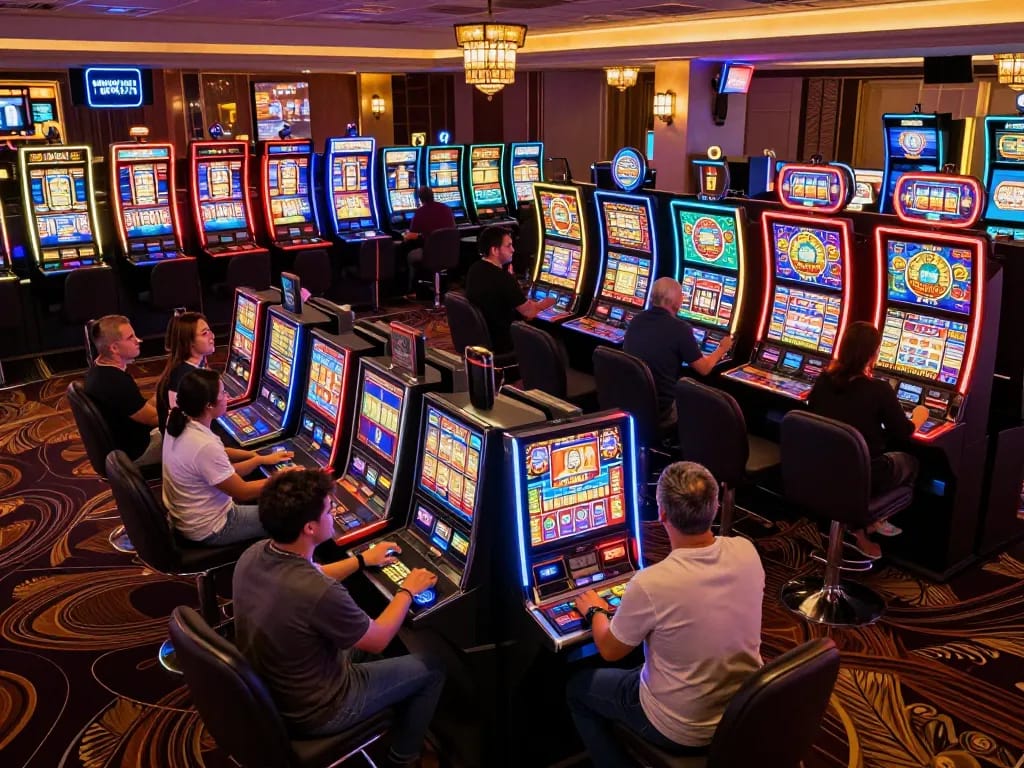 Nohu slot machines creating excitement as players celebrate wins on the gaming floor.