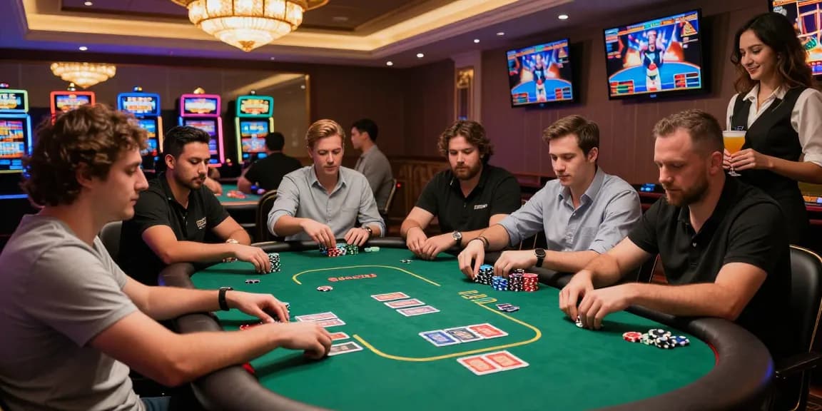 Players enjoying an intense round of rokok88 at a lively casino poker table.