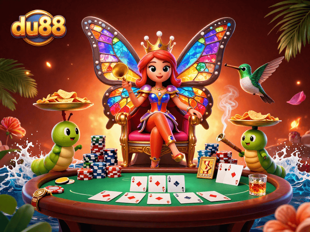 Engage with du88's lively casino scene featuring a butterfly queen and vibrant poker elements.