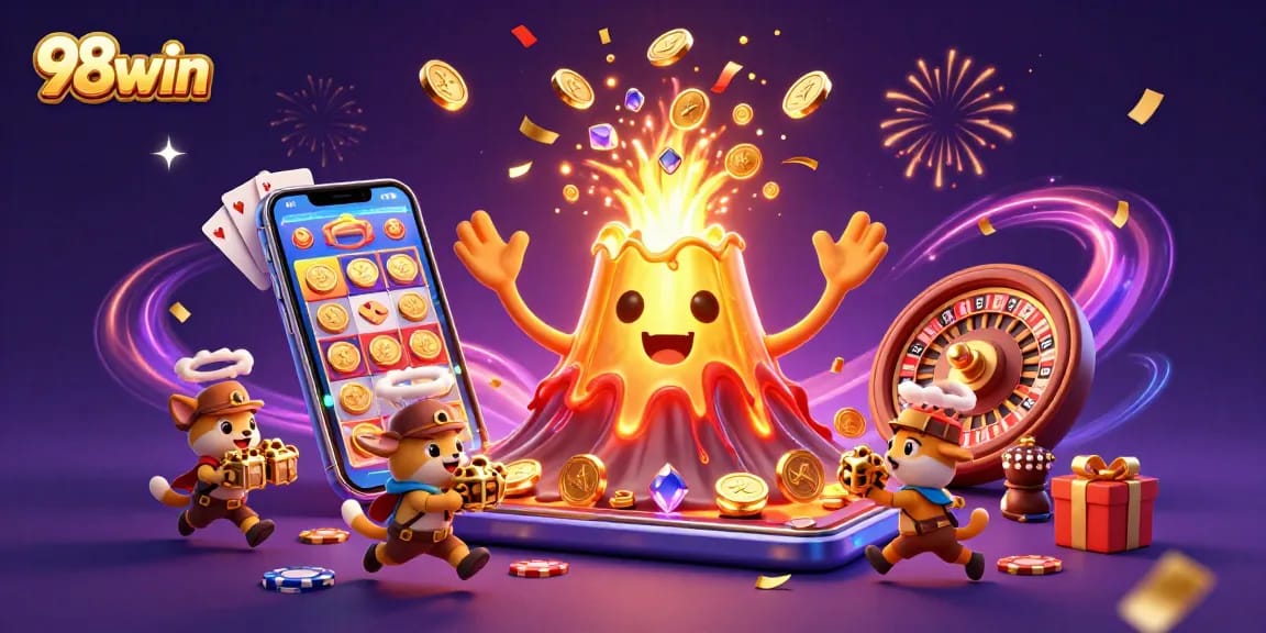 Experience the thrill of 98win with a vibrant casino scene featuring treasure-filled volcano character.