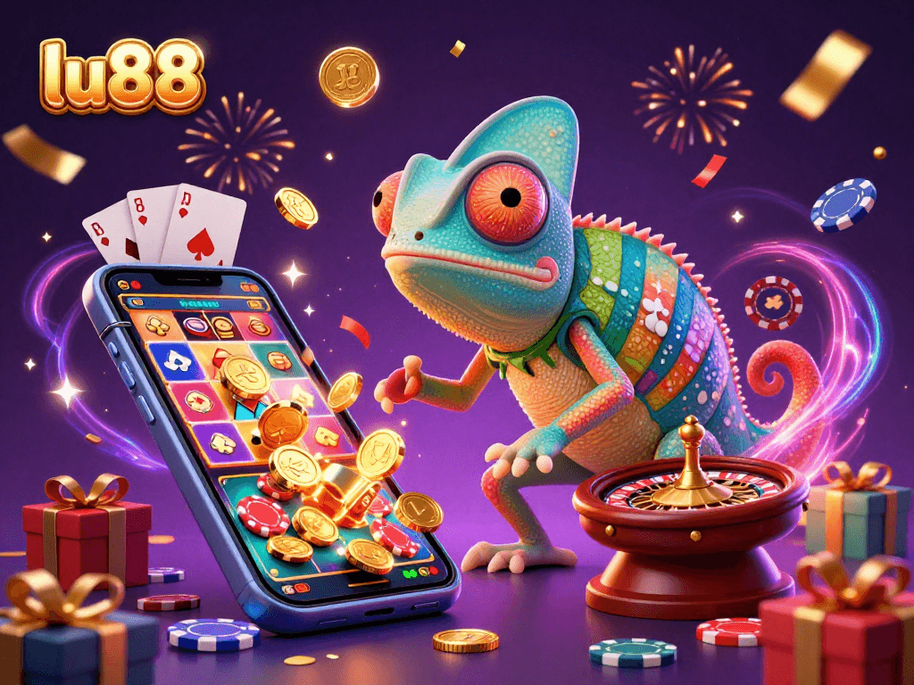 Experience thrilling gameplay at lu88 while the chameleon casino owner captures golden coins in a vibrant casino scene.