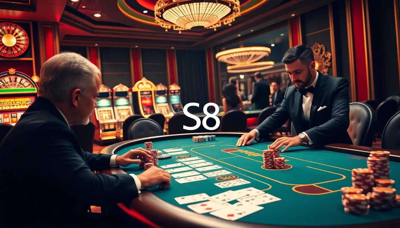 S8 casino players enjoying a thrilling blackjack game at a luxurious table.