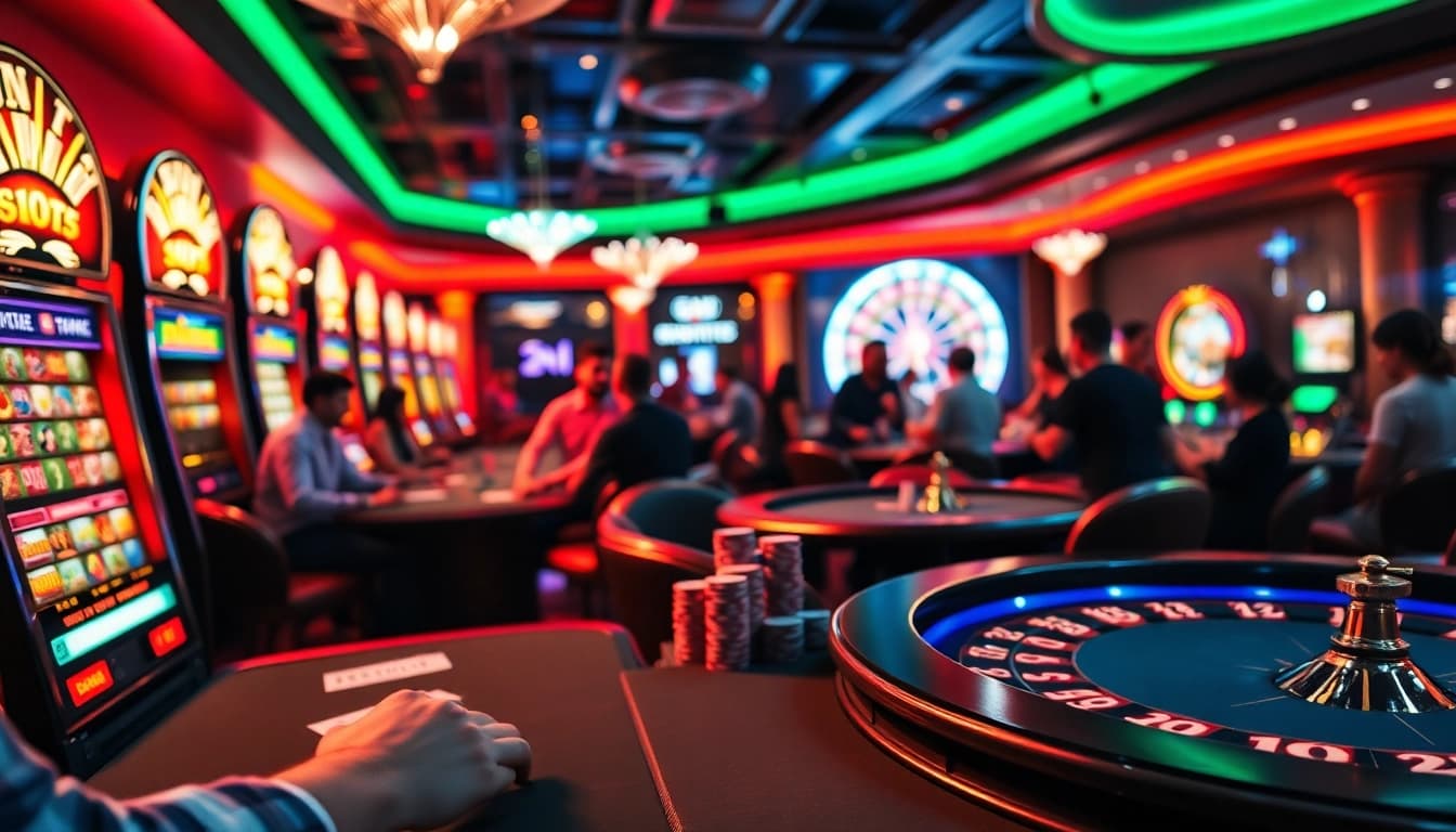 Engaging gambling scene at home eejl with poker tables, excited players, and vibrant slot machines.