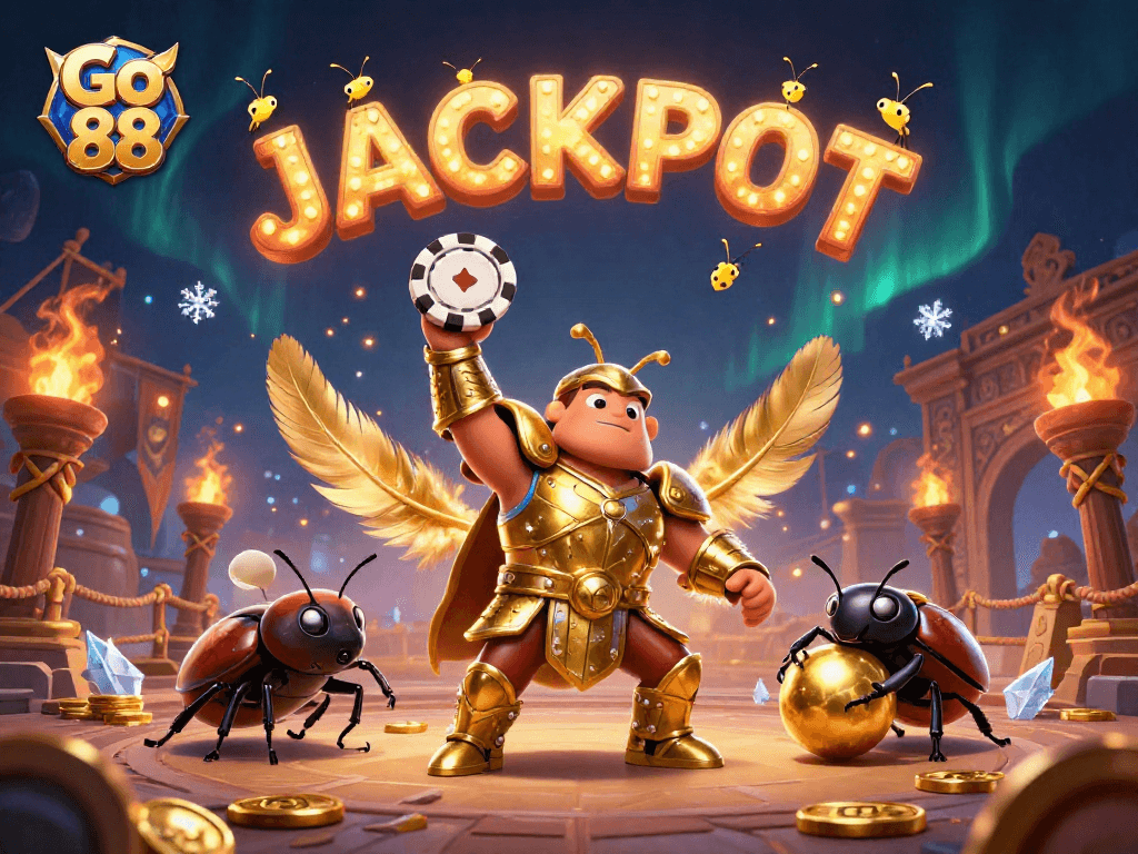 Go 88 players celebrate a jackpot in a vibrant casino setting with animated characters and elements.