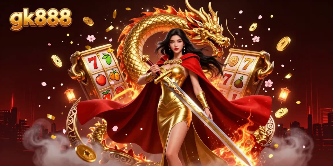 gk888 slots adventure features a warrior queen wielding a sword surrounded by jackpots and vibrant visuals