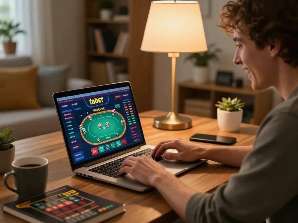 Excited player betting on fabet from home, showcasing engaging online poker interface