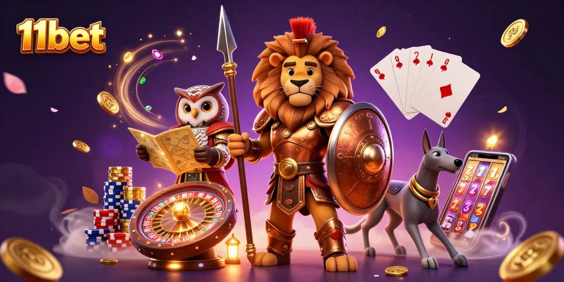 Experience thrilling gameplay with 11bet's lively casino scene featuring dynamic elements and characters.