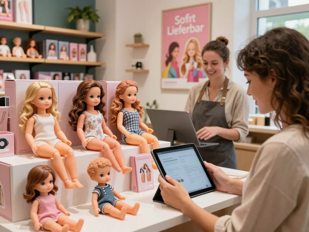 Sofort Lieferbar Sexpuppen in einer modernen E-Commerce-Umgebung, die einen Kunden zeigt, der Produkte auf einem Tablet erkundet.