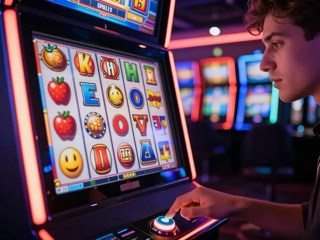 Engaging player prepares to spin the slot machine reels in a lively casino setting.