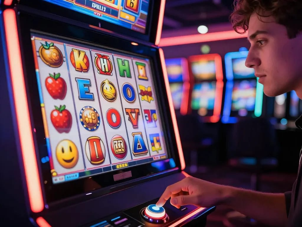 Engaging player prepares to spin the slot machine reels in a lively casino setting.