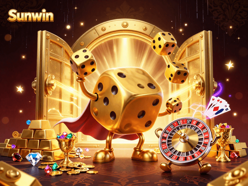 Engage in thrilling gameplay at Sunwin as a golden dice golem juggles luck, amidst treasures and vibrant colors.