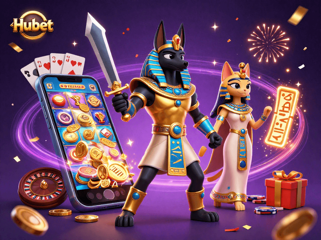 Engage with Hubet's exciting online gaming universe featuring Anubis and Bastet among vibrant casino elements.