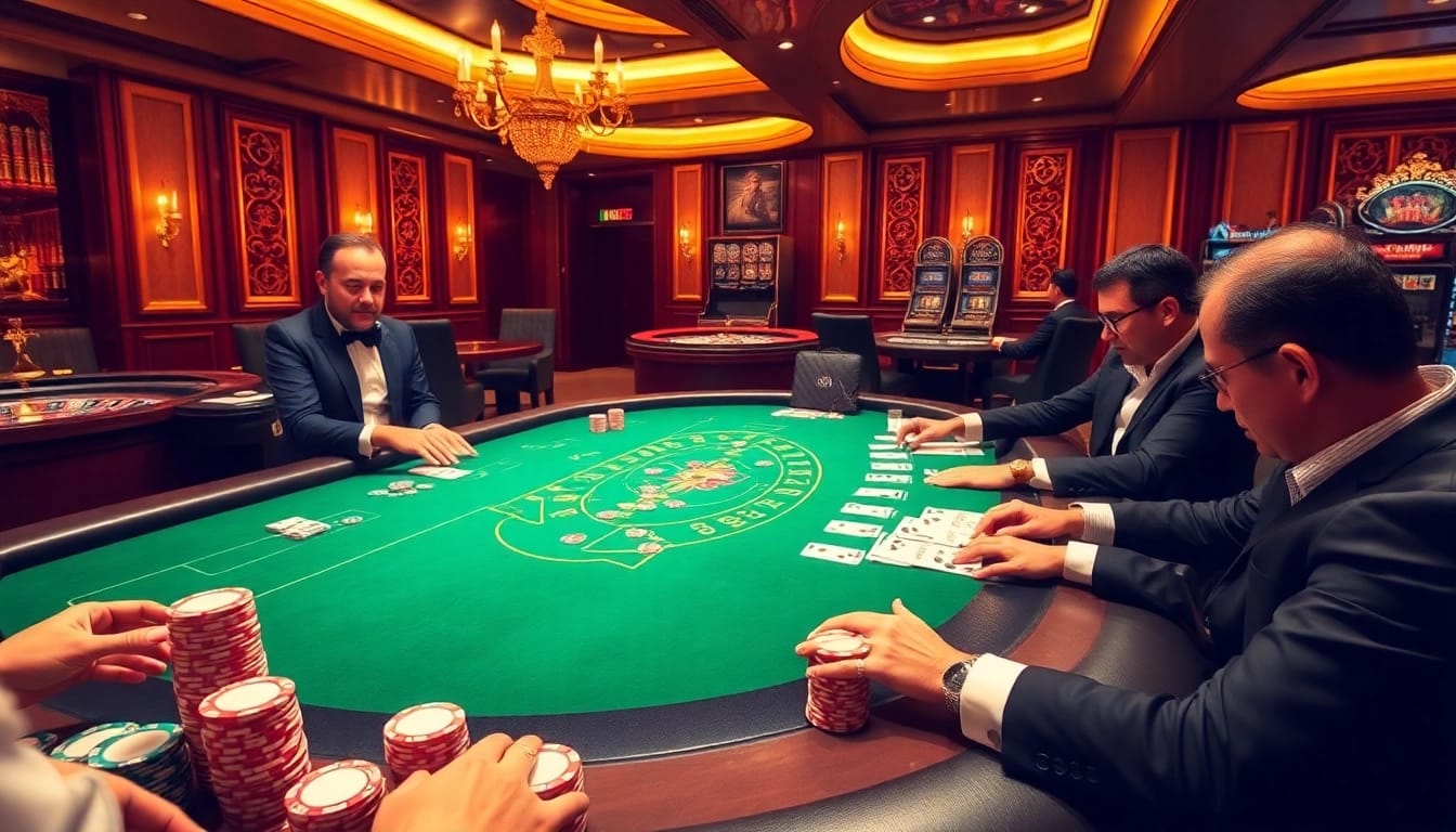 CM88 players strategizing at a luxury poker table in an upscale casino setting.