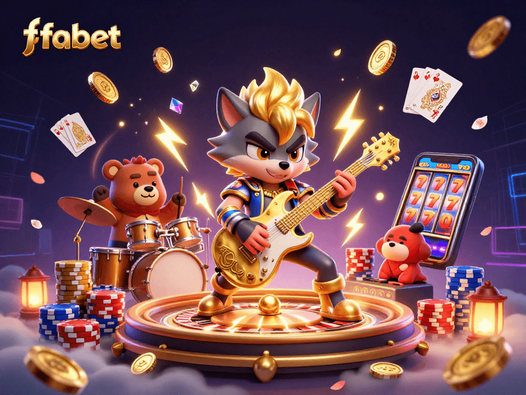 Experience thrilling wins at fabet with animated characters and dynamic casino elements in this 3D illustration.