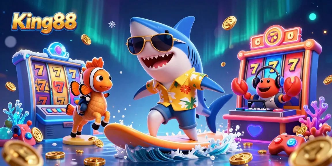 Experience the fun of King88 with a vibrant casino-themed scene featuring dynamic gaming elements.