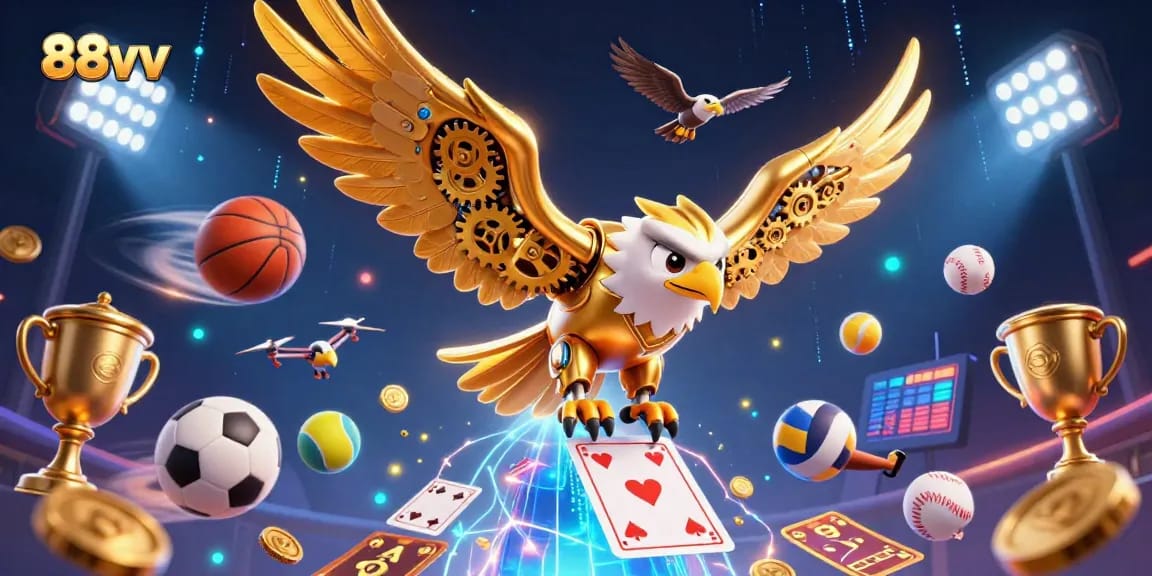Experience thrilling sports action with 88vv featuring a dynamic golden eagle and flying sports elements.