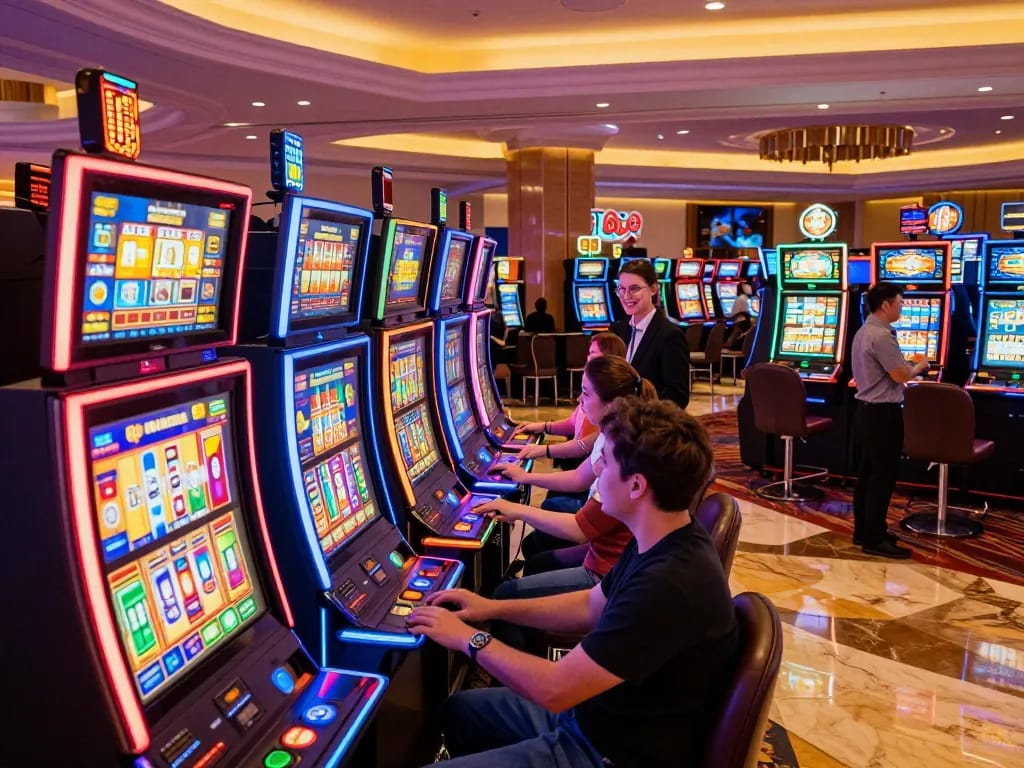 Engaged players enjoying vibrant slot machines at soibetbiz casino, showcasing an exciting gaming atmosphere