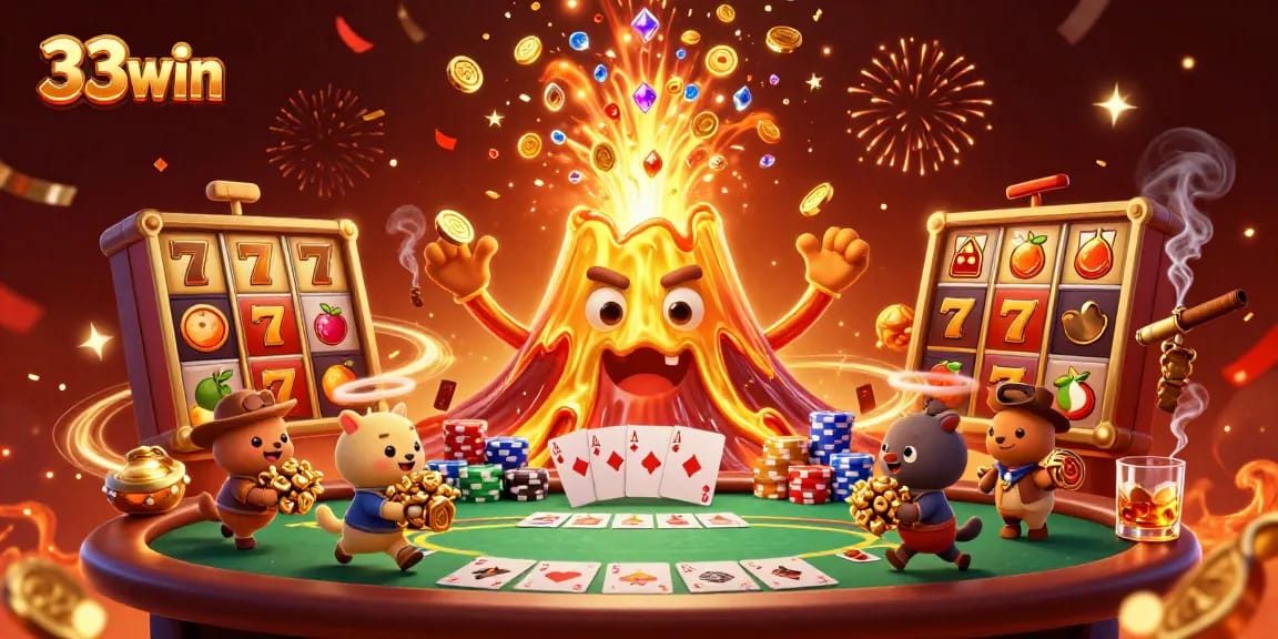33win players enjoy thrilling jackpot wins with a golden volcano erupting treasure in an exciting casino scene.