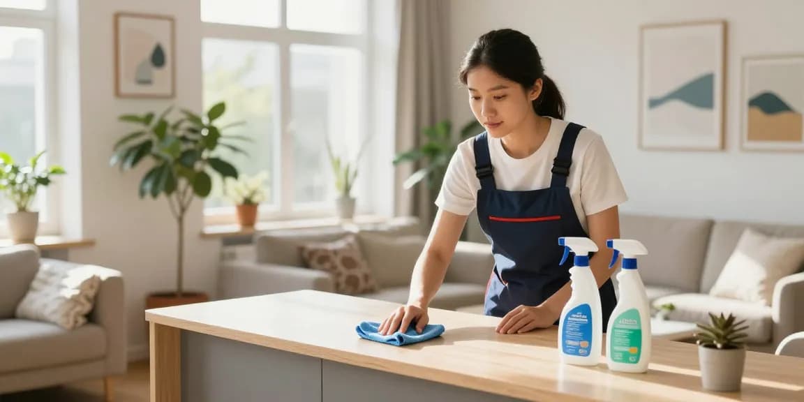 A professional cleaner showcasing quality service from a reinigungsfirma solothurn, dusting furniture in a bright, modern apartment.