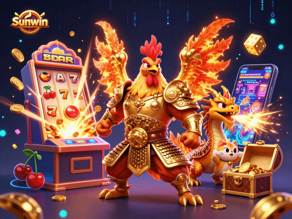 Experience thrilling moments with Sunwin's dynamic game atmosphere featuring a fighting rooster and dragon.