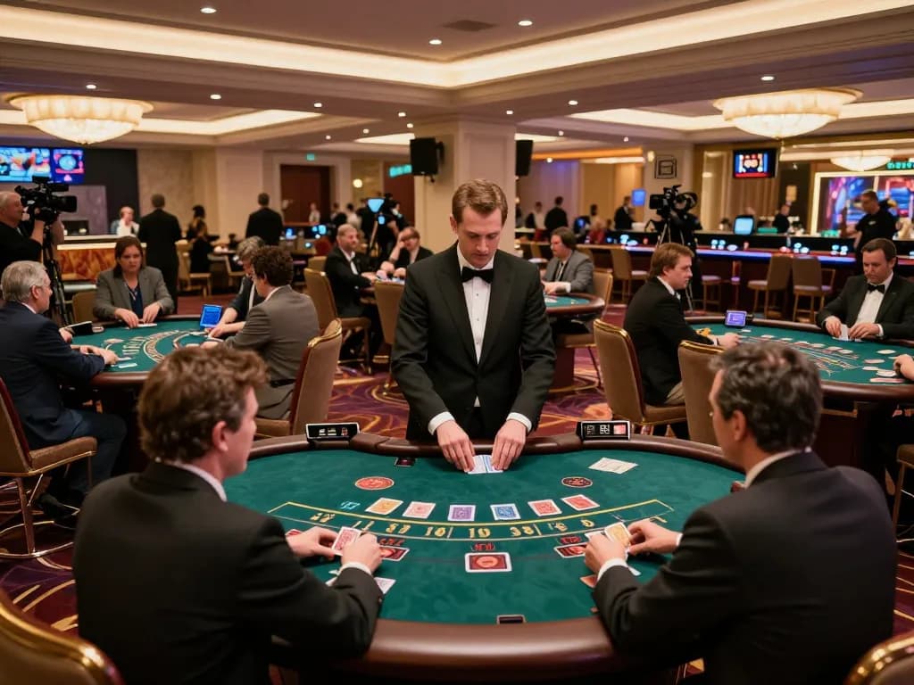 Players enjoying a strategic game of blackjack at bet 88 casino, surrounded by vibrant lighting and luxury decor.