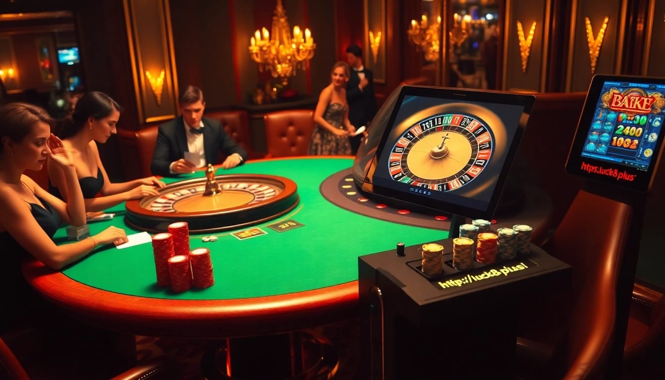 Play your hand at https://luck8.plus/ in an exciting casino scene with poker and roulette.