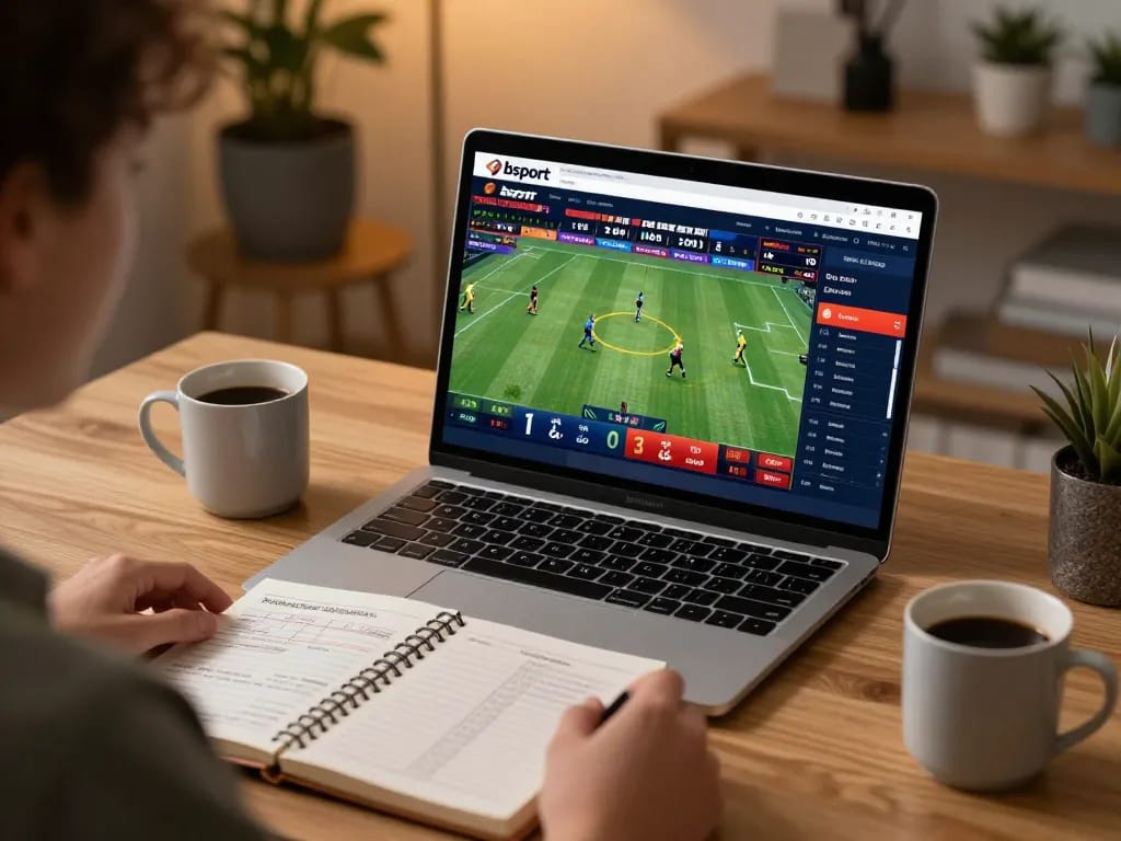 Engaging moment of a player betting on bsport while using a laptop at home, showcasing strategy notes and sports game excitement.
