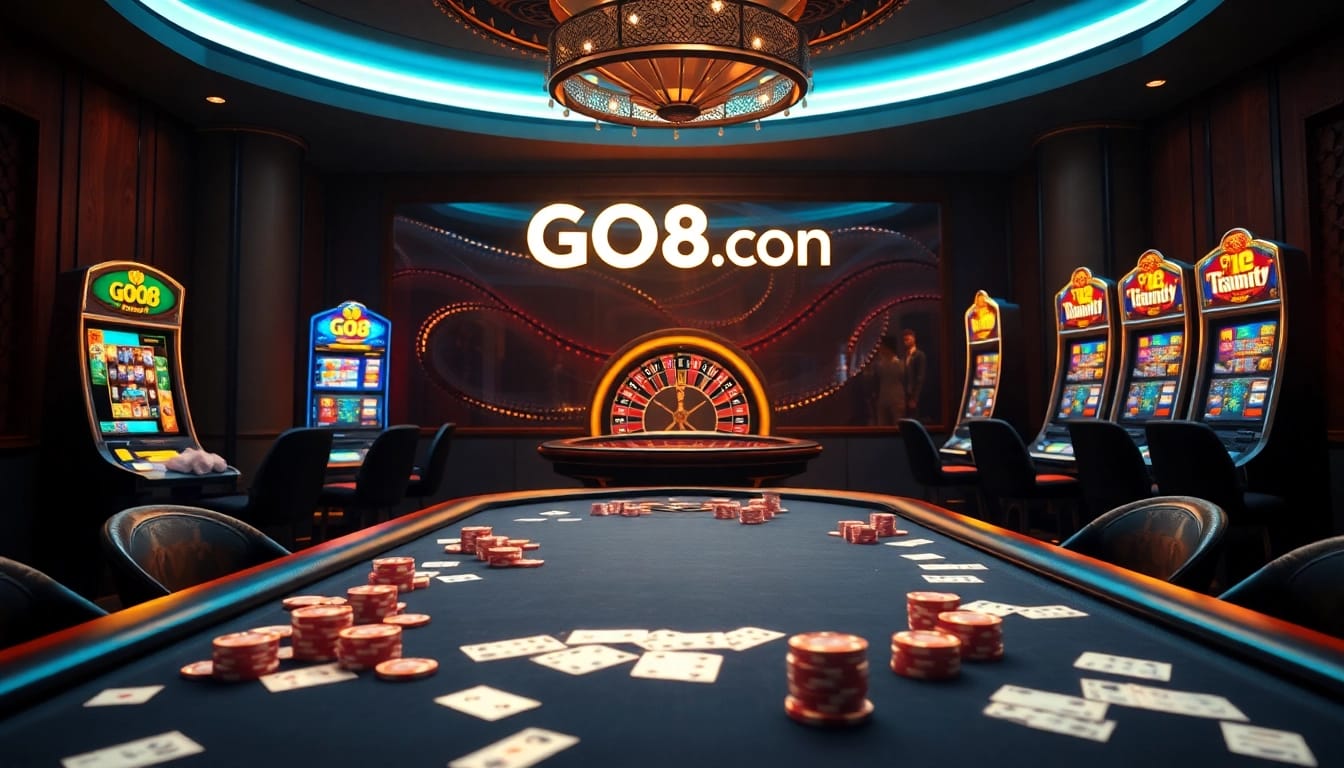 Experience high-stakes excitement at GO8 com with vibrant casino visuals showcasing poker, roulette, and slot machines.