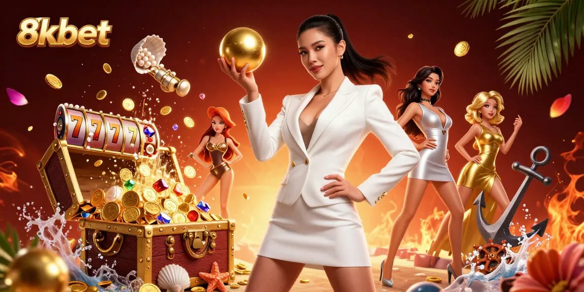 8kbet showcases vibrant casino action with an elegant woman holding a roulette ball.
