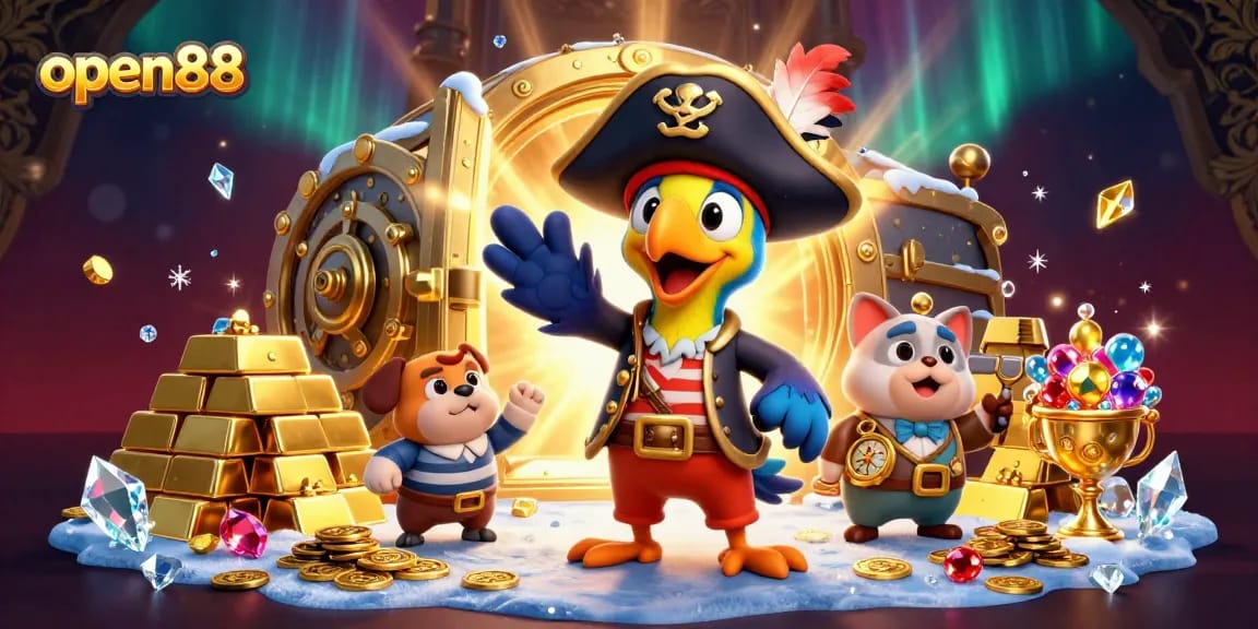 Experience thrilling adventures at open88 as a pirate captain navigates a treasure-filled casino scene.