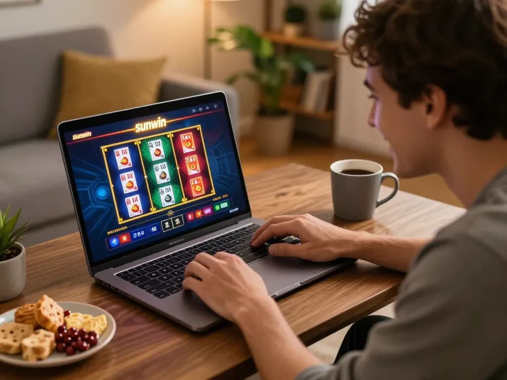 Engaged player enjoying sunwin's online casino gaming experience in a cozy home setting.