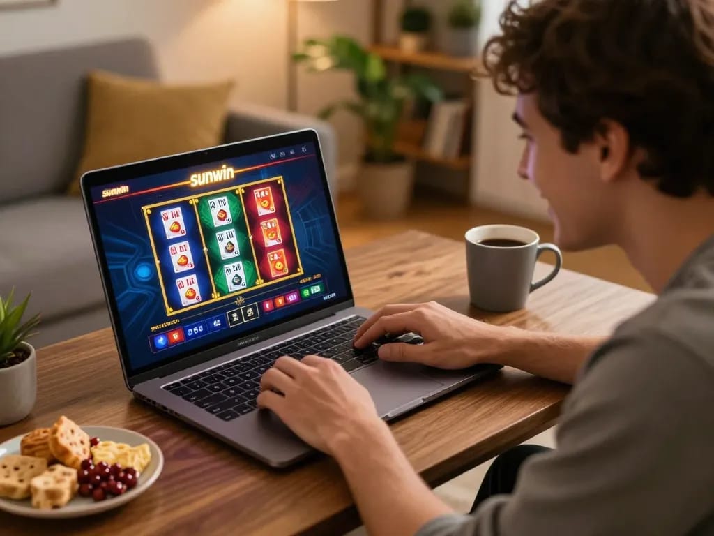 Engaged player enjoying sunwin's online casino gaming experience in a cozy home setting.