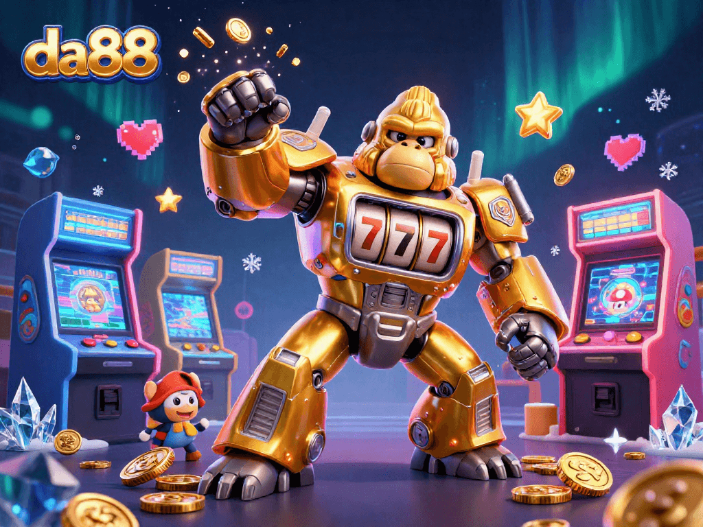 Engage with da88's vibrant gaming world featuring a golden gorilla mech among casino-themed elements.
