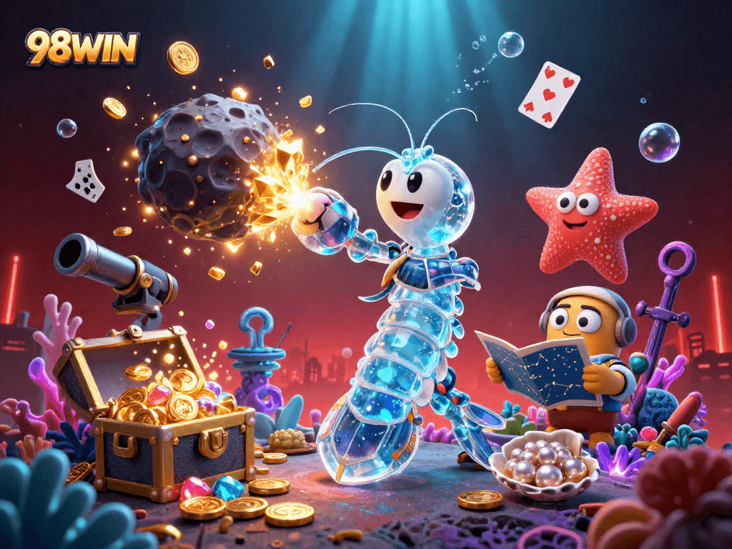 Immerse in the world of 98WIN, where a galactic mantis shrimp meets thrill in a dazzling casino scene.