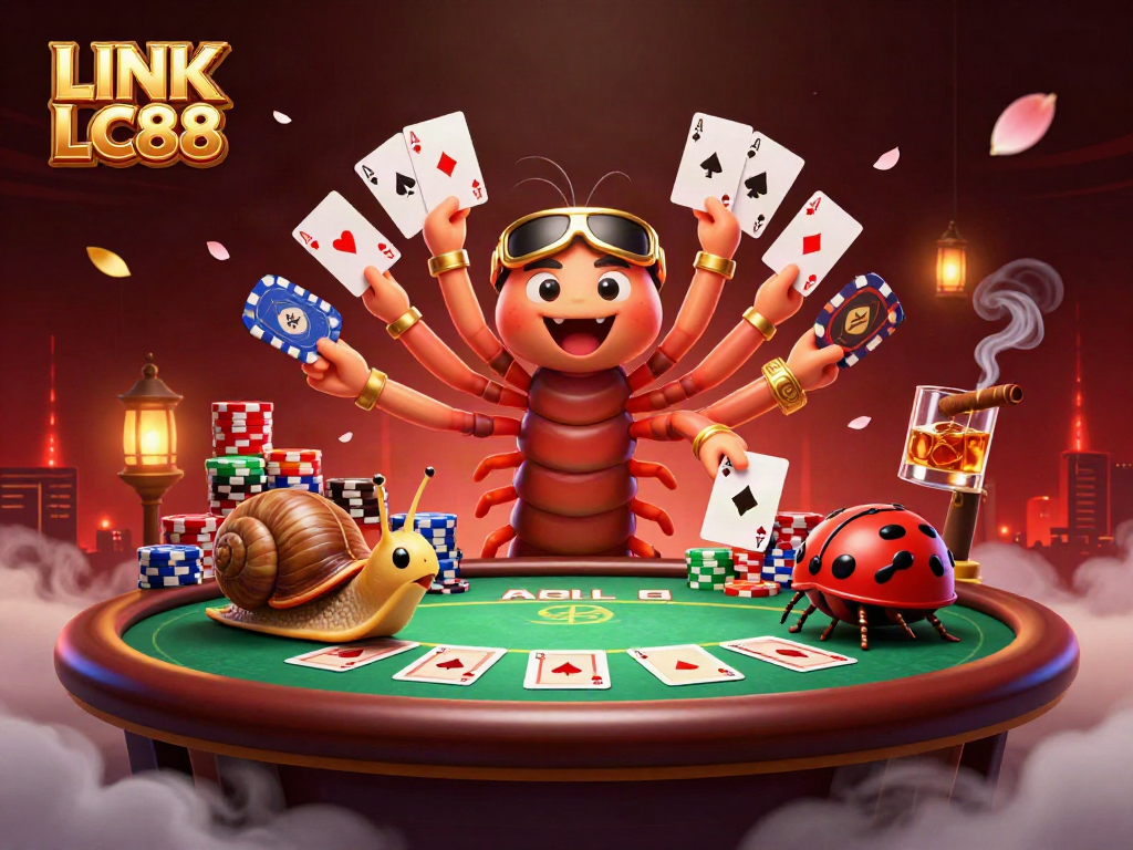 Experience the excitement of poker at LINK LC88 with animated characters and vibrant casino elements.