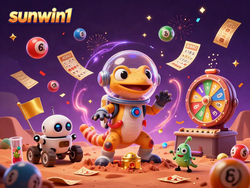Experience the excitement of sunwin1 with a Martian gecko and robot at a golden casino in vibrant 3D.