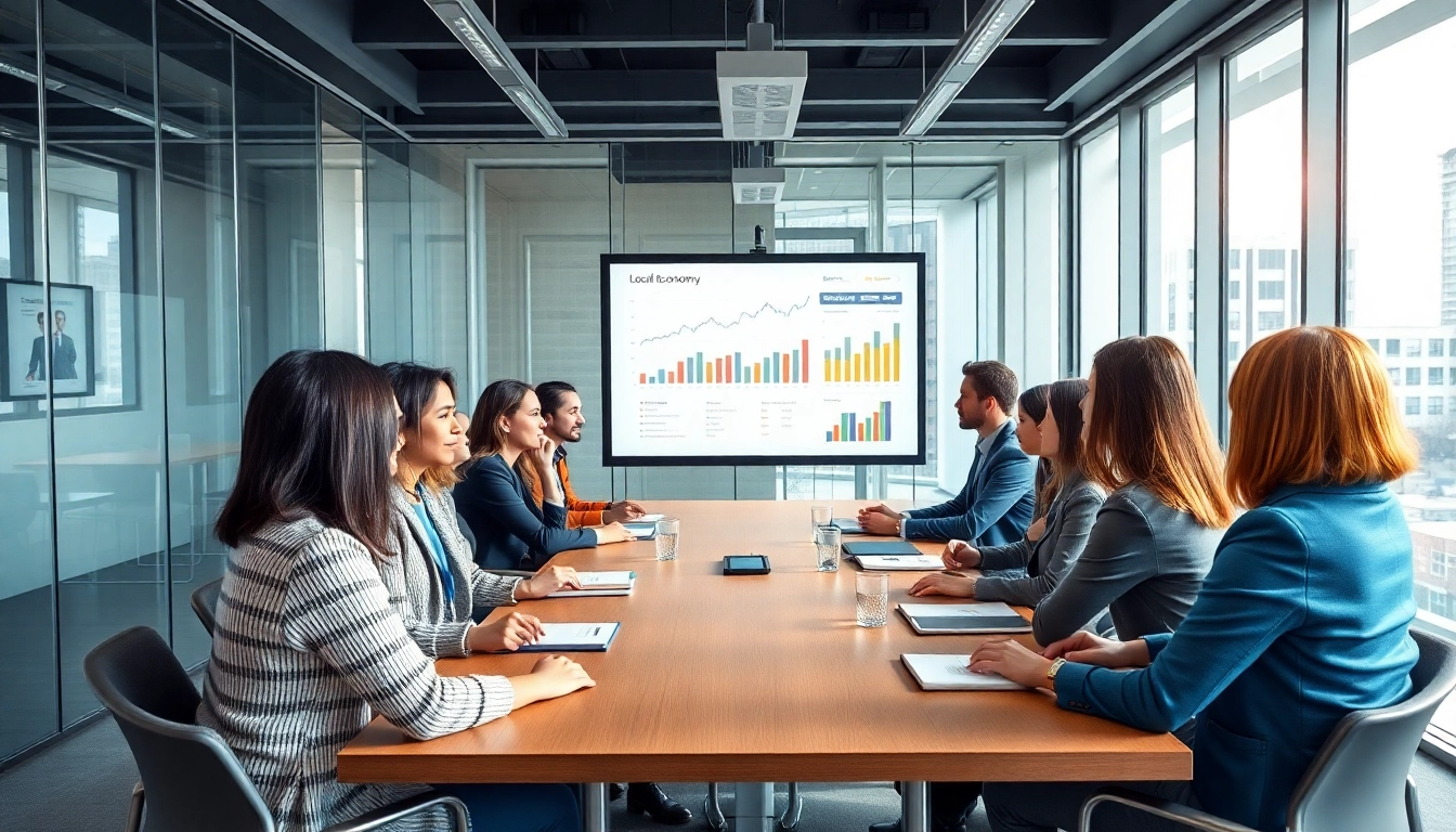 Wirtschaft Regional Trends in a modern meeting room with professionals discussing data.