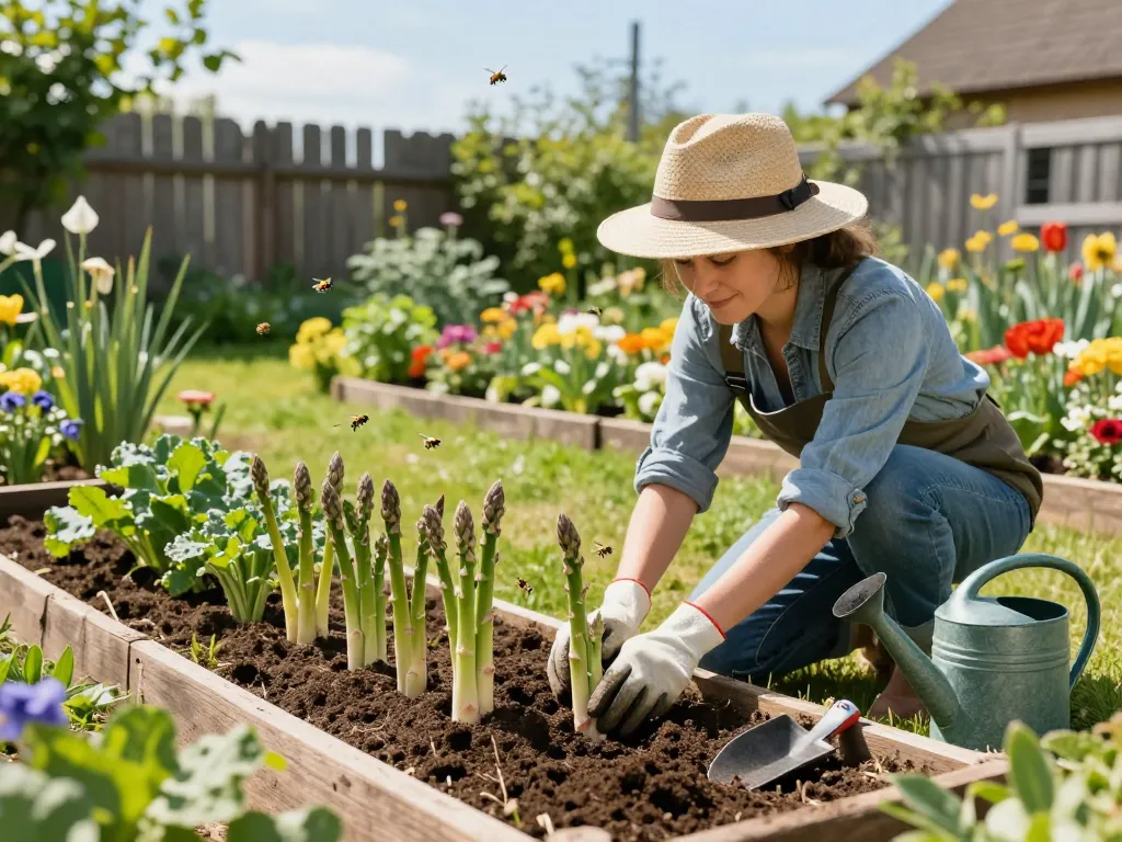 Gardener planting grüner spargel pflanzen in a vibrant garden, surrounded by beauty and tools.