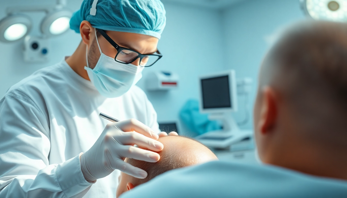 Haartransplantation Türkei kosten: Ein Chirurg führt sorgfältig eine Haartransplantation durch.