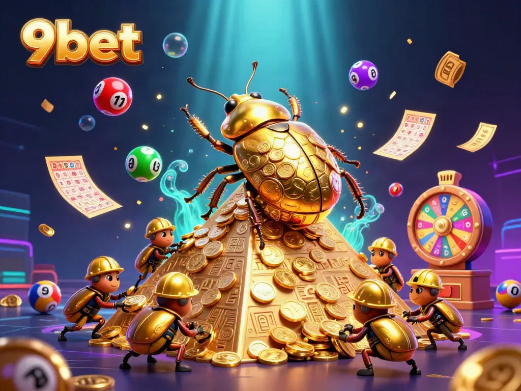 Experience big wins with 9bet in a vibrant animated casino world of golden coins and lively lottery elements.