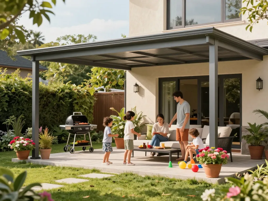 Familie genießt einen sonnigen Tag unter einer stilvollen Terrassenüberdachung in einer schönen Gartenumgebung.