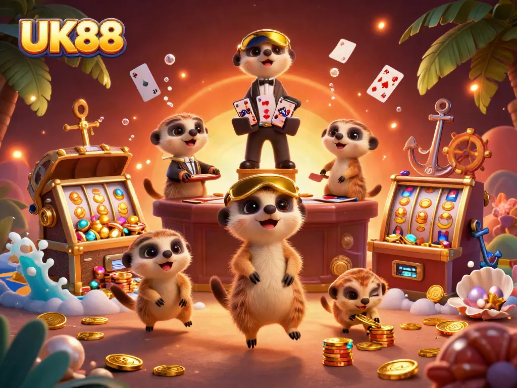 Experience the excitement of UK88 casino with meerkats managing a vibrant slot scene.