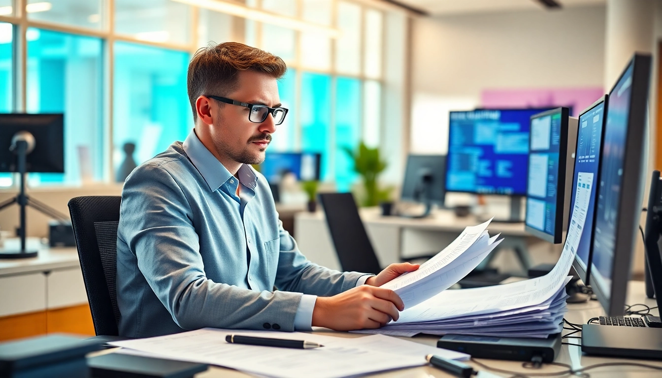 Headhunter IT analysiert Lebensläufe in einem modernen Büro mit Hochtechnologie.