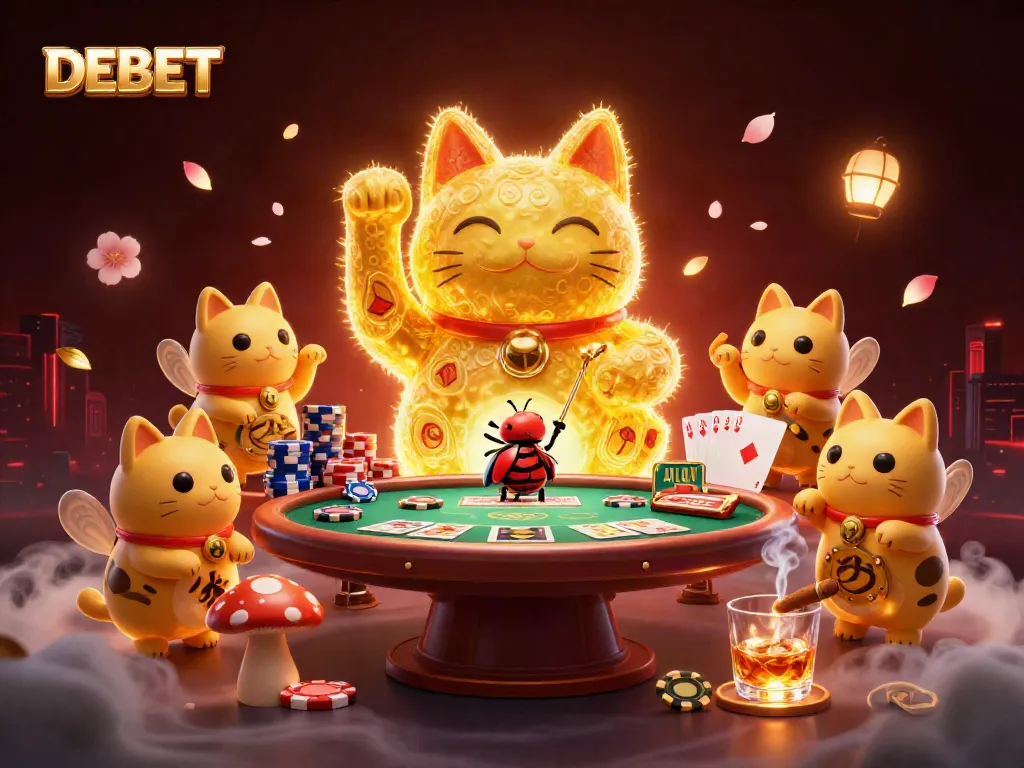 Experience DEBET's vibrant casino world with golden fireflies and poker elements showcasing online gambling excitement.